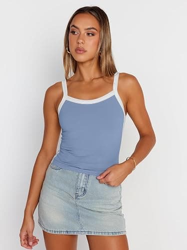 Trendy Queen Women's Double Lined Tank Tops Spaghetti Strap Square Neck Camisole Sleeveless Racerback Cropped Summer Clothes - X-Small - Lightblue thumbnail 2