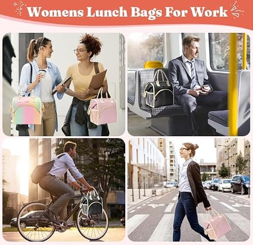 Lunch Bag Women Insulated Lunch Box Wide-Open Lunch Tote Bag Large Drinks Holder Durable Nylon Thermal Snacks Organizer for Men Adults Work Picnic Hiking Beach Fishing, Pink Wavy thumbnail 7