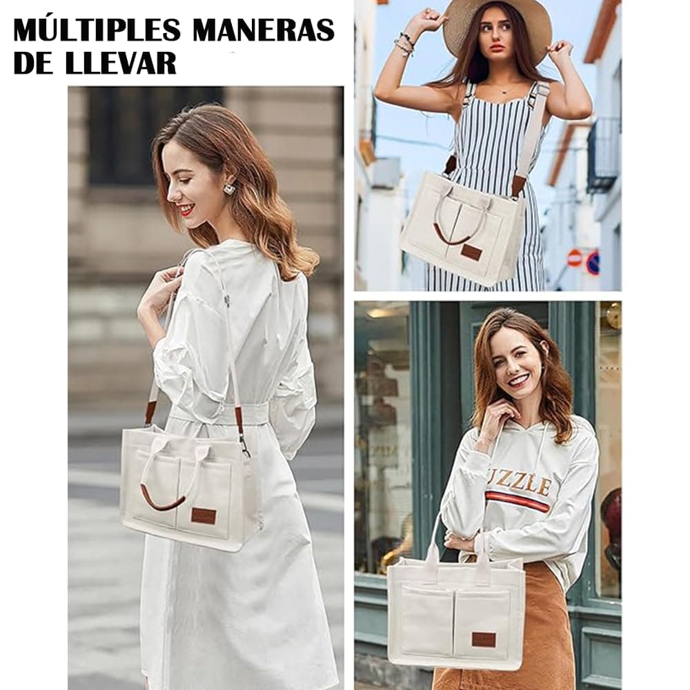 Lumbor37 Bolsa de Lona para Mujer con Hebilla, Tote Bag Cruzada para Oficina, Bolsillo con Cremallera Integrado, Viajes, Bolso Escuela thumbnail 6