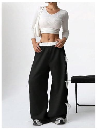 SHENHE Women's Wide Leg Baggy Sweatpants Elastic Waist Tie Bow Pants Loose Long Pants thumbnail 6