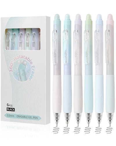 Erasable Pens, 6 Pack Fine Point 0.5mm Black Erasable Gel Pens with 360°Rotating Erasers, Make Mistakes Disappear, Comfort Grip for Drawing, Writing, Planning, and Crossword Puzzles (Black Ink) - Image 1