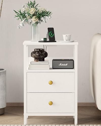 JOONEE White Nightstand with Outlet and LED Lights, Modern Bedside Table with Drawers, Small Night Table for Living Room, Bedroom thumbnail 2