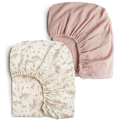 Konssy Muslin Crib Sheets for Girl Boy, 2 PCS Soft and Breathable Cotton Baby Sheets for Standard Crib Mattress, 52"x 28" (Floral, Pink) - Image 1