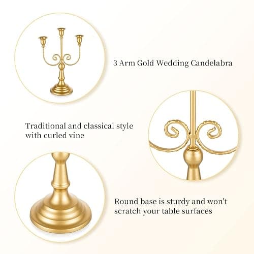 Romadedi Gold 3 Arm 11.8" Candelabra Candle Holders, Set of 2 | Wedding Candlestick Holder, Theme Party Table Centerpiece Decor, Dining Room, Birthday Holiday Christmas thumbnail 9