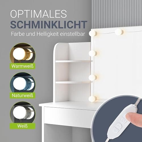 Juskys Schminktisch mit Beleuchtung und Spiegel, Vanity Table, Schublade & 4 Ablagefächern - Holz - Weiß - Kosmetiktisch Frisiertisch thumbnail 6