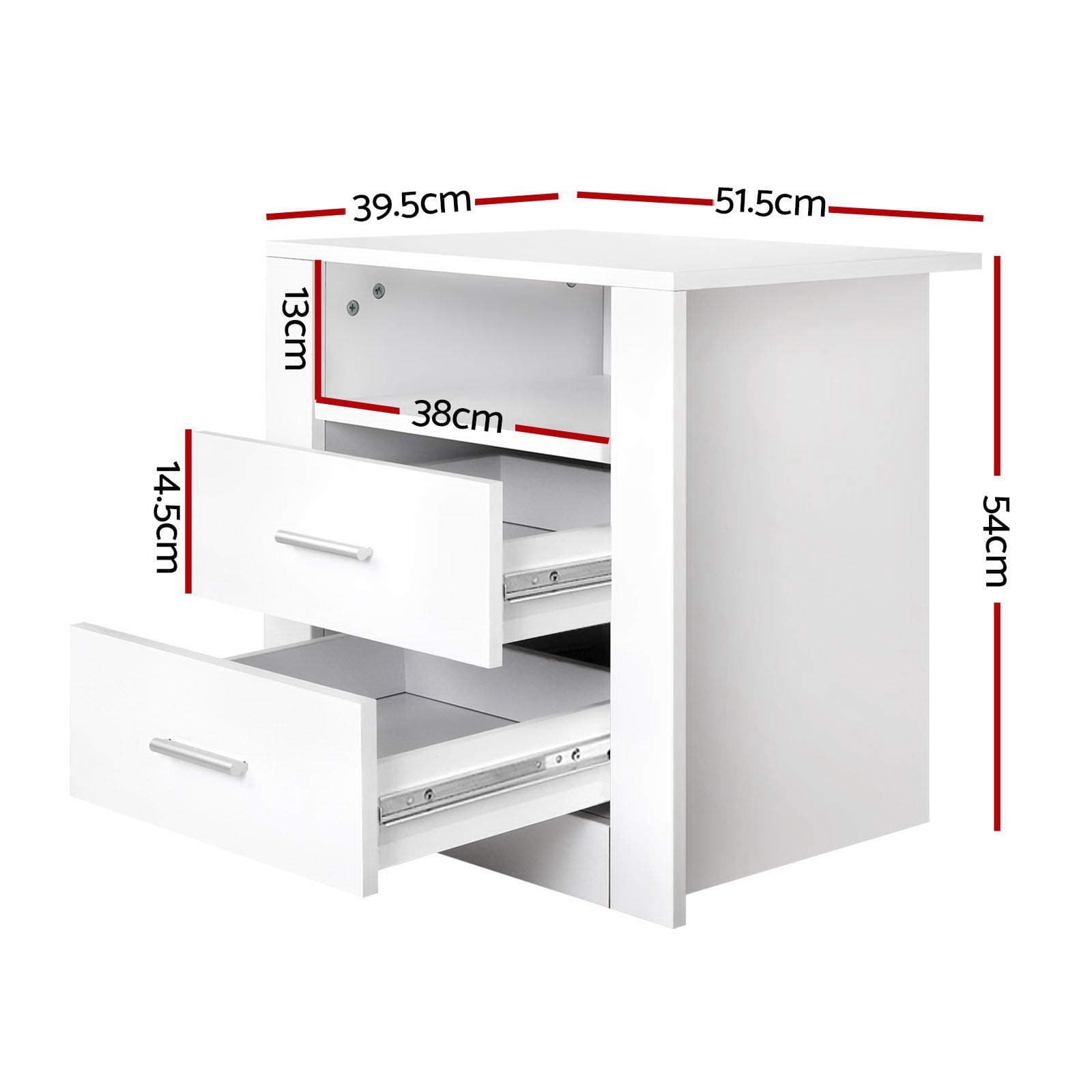 Artiss Bedside Table White Bed Side Tables Storage Small Narrow Desk Chest of Drawers, with 2 Drawer + Shelf, Bedroom Living Room Home Furniture Tallboy Lamp Nightstand Cabinet in 54cm Height thumbnail 3