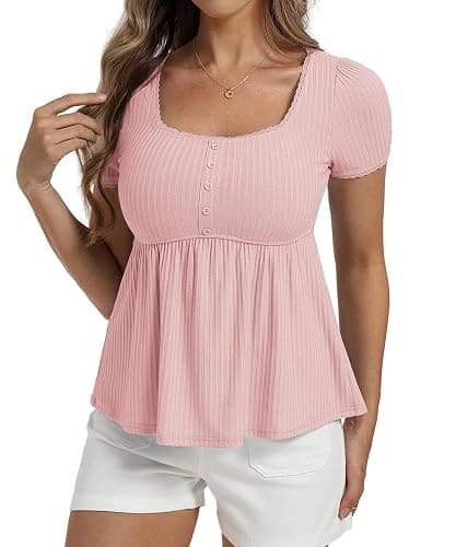 Belle Poque Women's Summer Cute Tops Short Sleeve Babydoll Peplum Top 2026 Square Neck Casual Shirts Teen Top Tee thumbnail 8