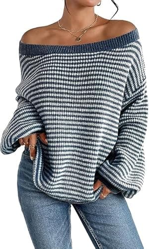 Women's Oversized Striped Sweater Casual Off The Shoulder Sweater Fall Long Sleeve Loose Knit Pullover Jumper Tops - Image 1
