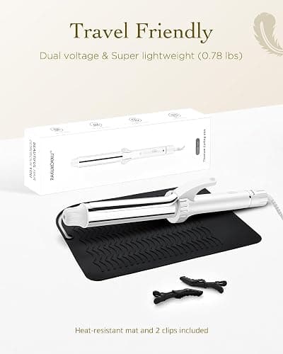 Titanium Curling Iron 1 1/4 Inch, Curling Wand with Clamp for Long Hair, Extra Long Barrel, Dual Voltage, 30s Fast Heating, 5 Temperatures, Auto Shut-Off, Silver+White thumbnail 7