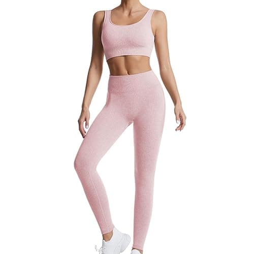 dohomiryo Damen Sportanzüge Jogginganzug Sport Sets 2 Teilig Workout Outfit Set Sport Crop Top+Hohe Taille Yoga Leggings Yoga Outfit Freizeitanzug Sportswear - L - Rosa thumbnail 2