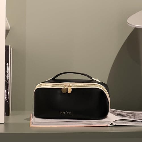 Prite Makeup Bag for Women Travel Waterproof Vegan Leather Cosmetic Bag Open Flat Toiletry Bag With Clear Divider and Handle (Black) - Black - Medium thumbnail 8