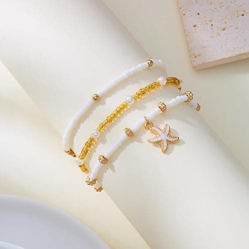 Qceasiy Bead Ankle Bracelets Set For Women, Adjustable Gold Plated Boho Shell Anklet, Hawaiian Beach Seashell Pearl Disc Starfish Conch Foot Jewelry, Summer Fashion Gifts thumbnail 6
