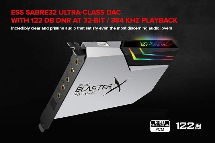 Creative Sound BlasterX AE-5 Plus Pure Edition SABRE32 Ultra-Class 32-bit/384kHz PCI-e Gaming Sound Card and DAC with Dolby Digital and DTS, Xamp Discrete Headphone Bi-amp, 122dB SNR, RGB LED Strips thumbnail 5