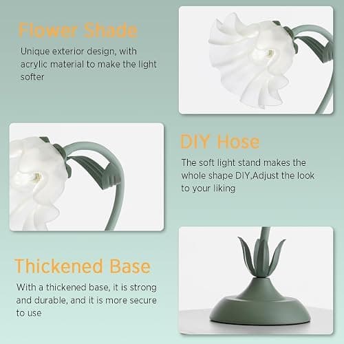 kaixunl Grüne Nachttischlampe,Acryl Blumen Tischlampe,Metall Schreibtischlampe Mädchen, Lampenschirm aus Acryl Frei drehbare Bedside Lamp mit dreifarbiger Beleuchtung für Schlafzimmer Wohnzimmer,50 cm thumbnail 4