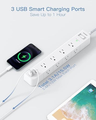 One Beat 10 ft Extension Cord,Power Strip Surge Protector 8 Widely AC Outlets 3 USB,Flat Plug,Desktop Charging Station with Overload Protection,Wall Mount for Home,Office,Travel,Computer ETL Listed thumbnail 5
