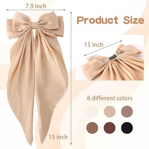 6 PCS Hair Bows for Women, Big Bow Hair Clips for Girls, Silky Satin Hair Bows Clips Oversized Long Tail, Large Hair Barrettes Cute Aesthetic Hair Accessories, Metal Bow Hair Clips Neutral Color thumbnail 3