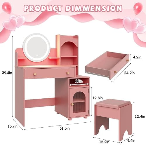 Vabches Kids Vanity Table and Chair Set, Toddler Dressing Table for 5-12 Year Old Little Girls, 2 in 1 Princess Makeup Vanity with Mirror & Lights, Wooden Pretend Play Vanity Desk, Pink thumbnail 2