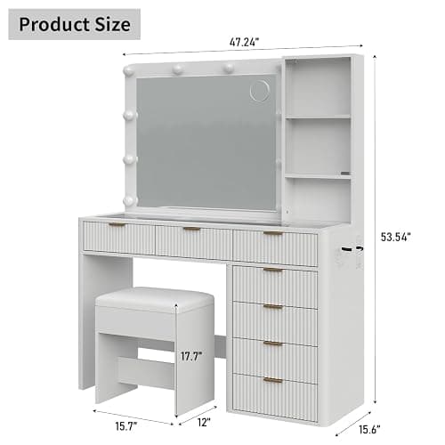 Yanosaku 47" Fluted Vanity Desk with Mirror & LED Lights, 7-Drawer Makeup Vanity with Glass Top & Cabinet, Vanity with Chair & Charging Station, 3 Lighting Modes, for Bedroom, White thumbnail 2