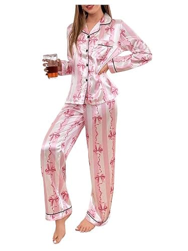 WDIRARA Women's 2 Piece Bowknot Print Satin Pajama Set Long Sleeve Button Down Lounge Pants Sleepwear Sets - Image 1