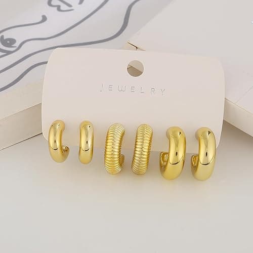 FOURPG 10 Pairs Hypoallergenic Chunky Gold Dangle Earrings for Women Trendy Thick Gold Plated Hoop Earrings Set Lightweight Jewelry thumbnail 8