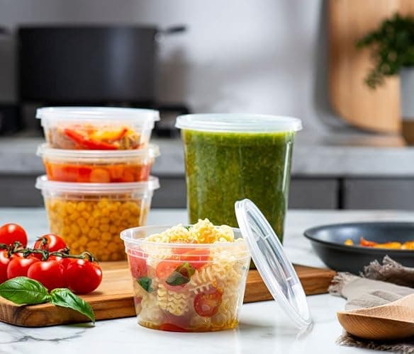 ELEGANT DISPOSABLES Combo Set 8, 8oz - 8, 16oz - 8, 32oz Plastic Deli Food Storage Containers with Airtight Flexible Lids Microwavable, Leak Free, Washable, Freezer Safe. thumbnail 2
