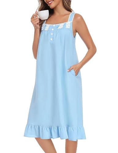 YOZLY Cotton Nightgowns for Women Embroidery Sleeveless Night Gown with Pockets S-XXXL thumbnail 6