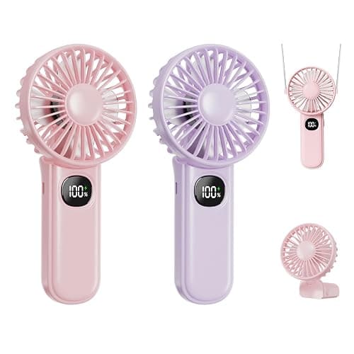 xigmer Portable Fan, 2-Pack Rechargeable Handheld Fans with 12H Battery, 5-Speed 180° Foldable USB Fan, Cooling Face Fan with Lanyard for Makeup & Travel, Camping, Hiking -Pink & Purple - Image 1