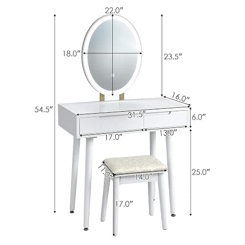 CHARMAID Vanity Set with Lighted Mirror, 3 Modes Adjustable Brightness Mirror, Makeup Dressing Table with Cushioned Stool, 2 Sliding Drawers with Divider, Modern Bedroom Vanity for Girls Women (White) thumbnail 2