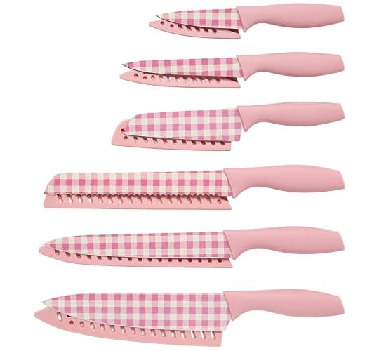 Paris Hilton Kitchen Knife Set, Stainless Steel Blades with Ergonomic Soft Touch Handles and Blade Guards, Gingham Design, 12-Piece, Pink thumbnail 2