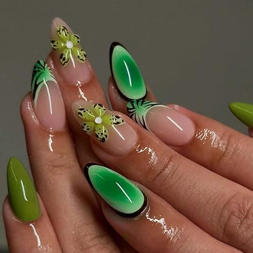 QQPPOLIU Press on Nails Almond Shape Fake Nails with Flower Design Full Cover Nails Medium Length Fall Nails for Holiday Gift - Image 1