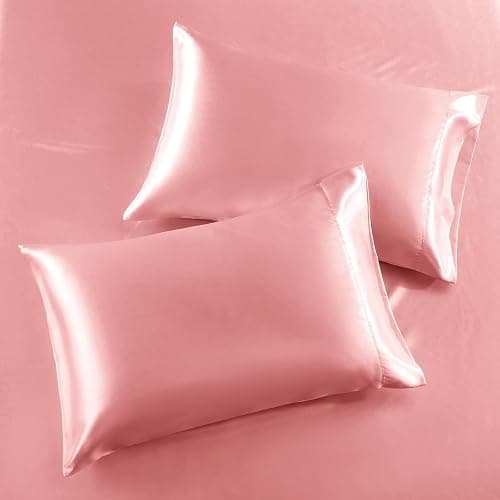 SiinvdaBZX 3-Piece Set Satin Twin Fitted Sheet & 2 Pillowcase, Blush Pink Silky Soft Fitted Bottom Sheet, Wrinkle Free, Fade Resistant, Deep Pocket Bed Sheet (Deep Up to 15") thumbnail 7