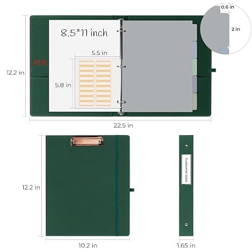 EYROZILL 3 Ring Binder, 1 Inch Linen Binder Organizer for Letter Size (8.5" x 11") with 5 Tab Dividers, File Folder Labels and Low Profile Clipboards, School and Office Supplies-Blackish Green thumbnail 3