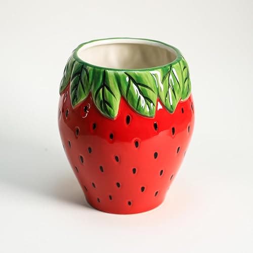 Bicuzat Strawberry Shaped Ceramic Kitchen Utensil Holder, Large Cooking Utensil Crocks for Kitchen Countertop, Ceramic Utensil Organizer for Spatula, Kitchen, Home Decoration-Retro Red thumbnail 4