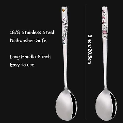 YAPULLYA Korean Soup Spoons, 18/8 Stainless Steel Long Handle 8 Inch Tablespoon, Asian Metal Dinner Spoons, Set of 4 (flowers) thumbnail 7
