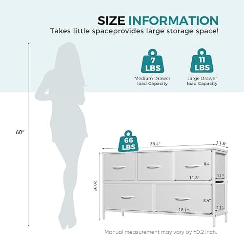 OLIXIS White Dresser for Bedroom, Wide Chest of Drawers for Clothes Storage | Fabric Bedroom Dresser with 5 Drawers, Storage Organizer Unit with Fabric Bins, Wooden Top, Living Room thumbnail 3