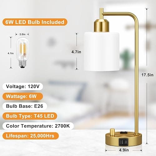 Innqoo Gold Lamp for Bedroom - Industrial Bedside Table Lamp with USB Port and Outlet, Fully Dimmable Nightstand Lamp with Opal Glass Shade, Small Desk Lamps for Home Office thumbnail 7