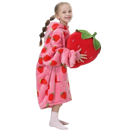 Aemicion Strawberry Blanket Hoodie Gifts for Kids,Oversize Sherpa Wearable Blanket,Cozy Sweatshirt Blanket for Girls - Image 1