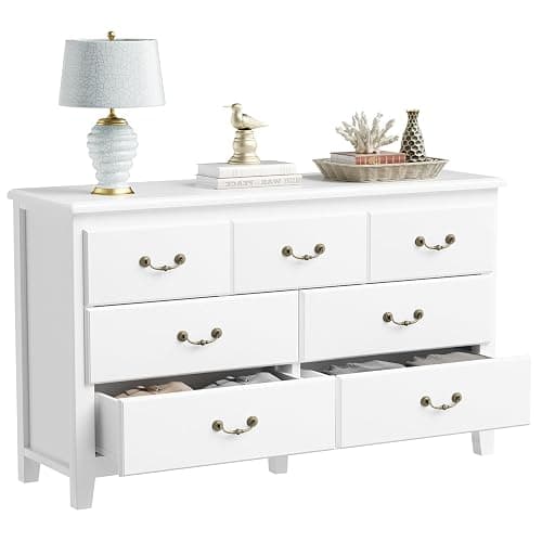 HOUROM Farmhouse 7 Drawer Dresser for Bedroom, Chest of Drawers with Antique Handles, Modern Wooden Dressers, Vintage Rustic Dresser Storage Organizer for Bedroom, White - White - 7 Drawer thumbnail 7