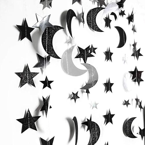 Cheerland Black Silver Moon Garland Twilight Birthday Decoration Star Streamer Gothic Party Decor Garland Ramadan Eid Mubarak Glitter Banner Celestial Wedding Baby Shower Summerween Halloween Decor thumbnail 5