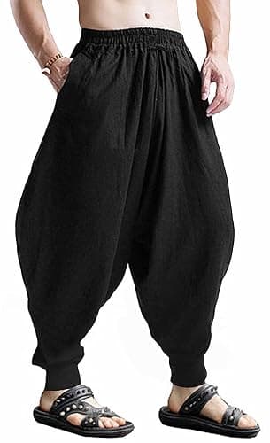 CLANMILUMS Men's Cotton Harem Pants Casual Loose Hippie Drop Crotch Trouser - Image 1