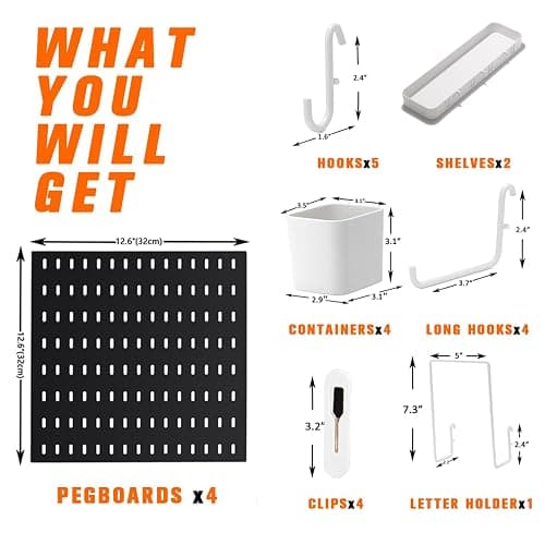 VEOFEMLEA Peg Board Combination Kit, 4 Pegboards with 20 Accessories, Pegboard Wall Organizer for Office, Nursery & Home Storage, Key Holder, 25.6"x25.6" – Nail-Free Installation（Black） thumbnail 3