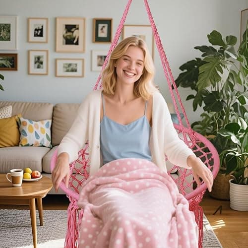 Goutime Hammock Chair, Macrame Hanging Swing Chairs with Hardware Kit,Adult Boho Swings for Outside,Patio,Balcony,Bedroom (Pink (Pillows are not Included)) thumbnail 4