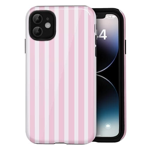 Amzfield for iPhone 11 Cute Striped Phone Case, Pink | Stripes Phone Case, Summer Aesthetic Design for Women Girls Fall Chic Girly Pretty Dual Layer Hybrid Protection Elegant - Image 1