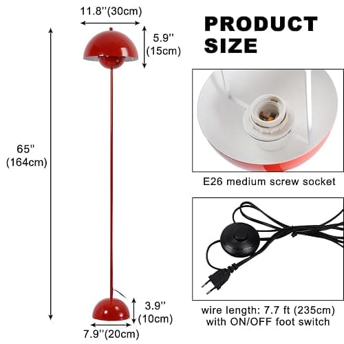 COSYLUX Modern Floor Lamp for Living Room, Industrial Tall Standing Lamp for Bedroom, Metal Shade Reflecting Light Reading Floor Lamp for Office, Nursery Room, Corner(Dark Red) thumbnail 6