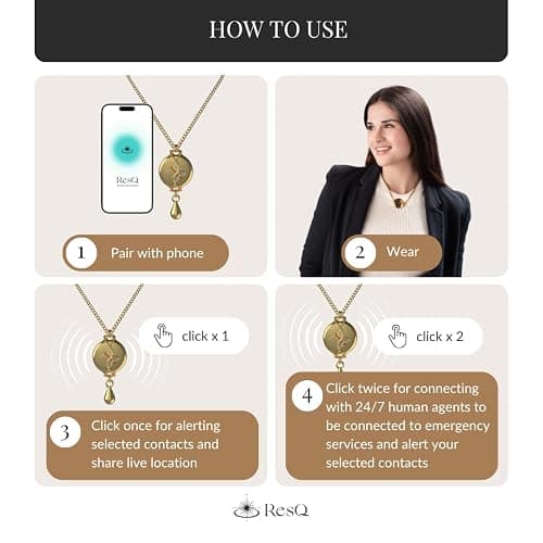 ResQ Luxury Safety Necklace for Women, Medical Alert Necklace, GPS Tracker, 24/7 Human Agent Support, Personal Alarm Jewelry - Mahi Paperclip Necklace (Rosegold On Rosegold) thumbnail 4