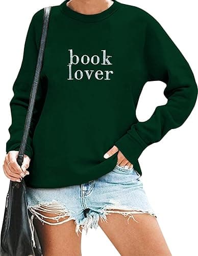 MOUSYA Book Lover Embroidered Sweatshirt Women Funny Reading Book Long Sleeve Shirt Casual Teacher Pullover Tops - XX-Large - Green thumbnail 2