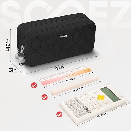 Sooez Large Pencil Case Pouch, Extra Big Pencil Bag with 8 Compartments, Pen Bag Wide Opening, Soft Quilted Pencil Pouch Organizer with Zipper, Portable Pencil Case for Teen Girls, Black thumbnail 6