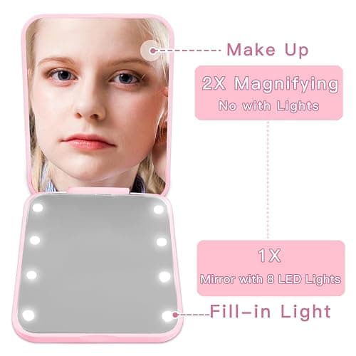 Aganmi Personalized Gifts Small LED Pink Mirror with Lights for Teen Girl | Trendy Stuff,Folding Compact Mirror,Preppy 1X/2X Magnification Travel Makeup Pocket Mirror for Women,Pearl Initial (M) thumbnail 5