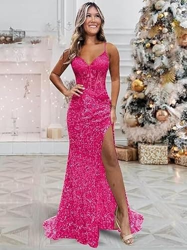kilusoft Sparkly Sequin Mermaid Prom Dress Long for Women Spaghetti Straps Corset Lace Backless Formal Evening Party Gowns thumbnail 5