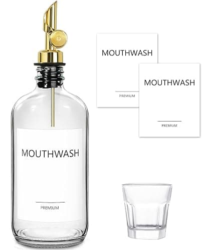 TOLDATLI Mouthwash Dispenser for Bathroom, 1 Pack Glass Mouth Wash Container with Cup, 17 Fl Oz Mouthwash Decanter Bottle Set, Refillable Mouthwash Pump Dispenser - Image 1